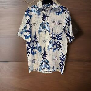 Quarterway Cotton Growers M Hawaiian Shirt Blue White Floral Aloha Button Down